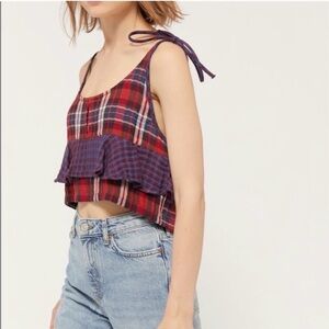 Urban Outfitters Plaid Ruffle Tie Shoulder Crop Top|Size Medium